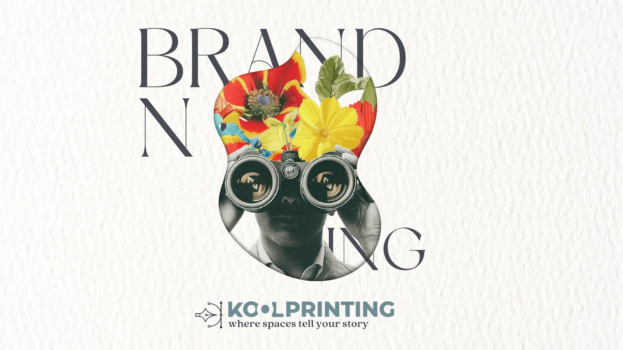 KOOLPRINTING GROUP brand collage with a figure looking through binoculars and vivid flowers