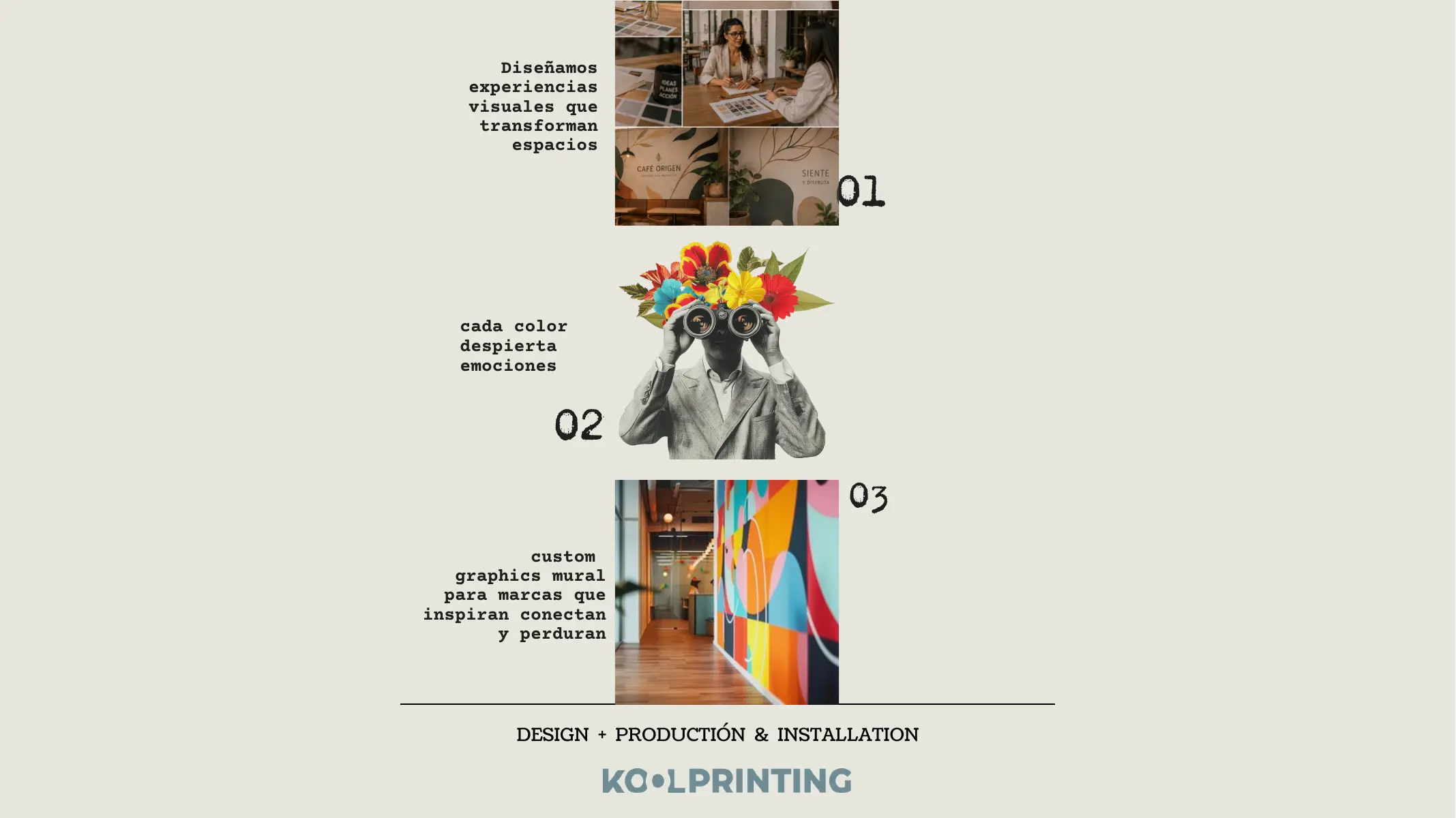 Visual design, production and installation references arranged in an editorial collage