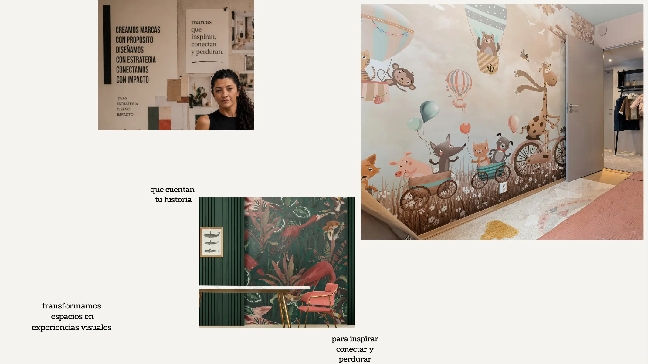 A children's room mural and a botanical wall graphic presented as residential visual applications
